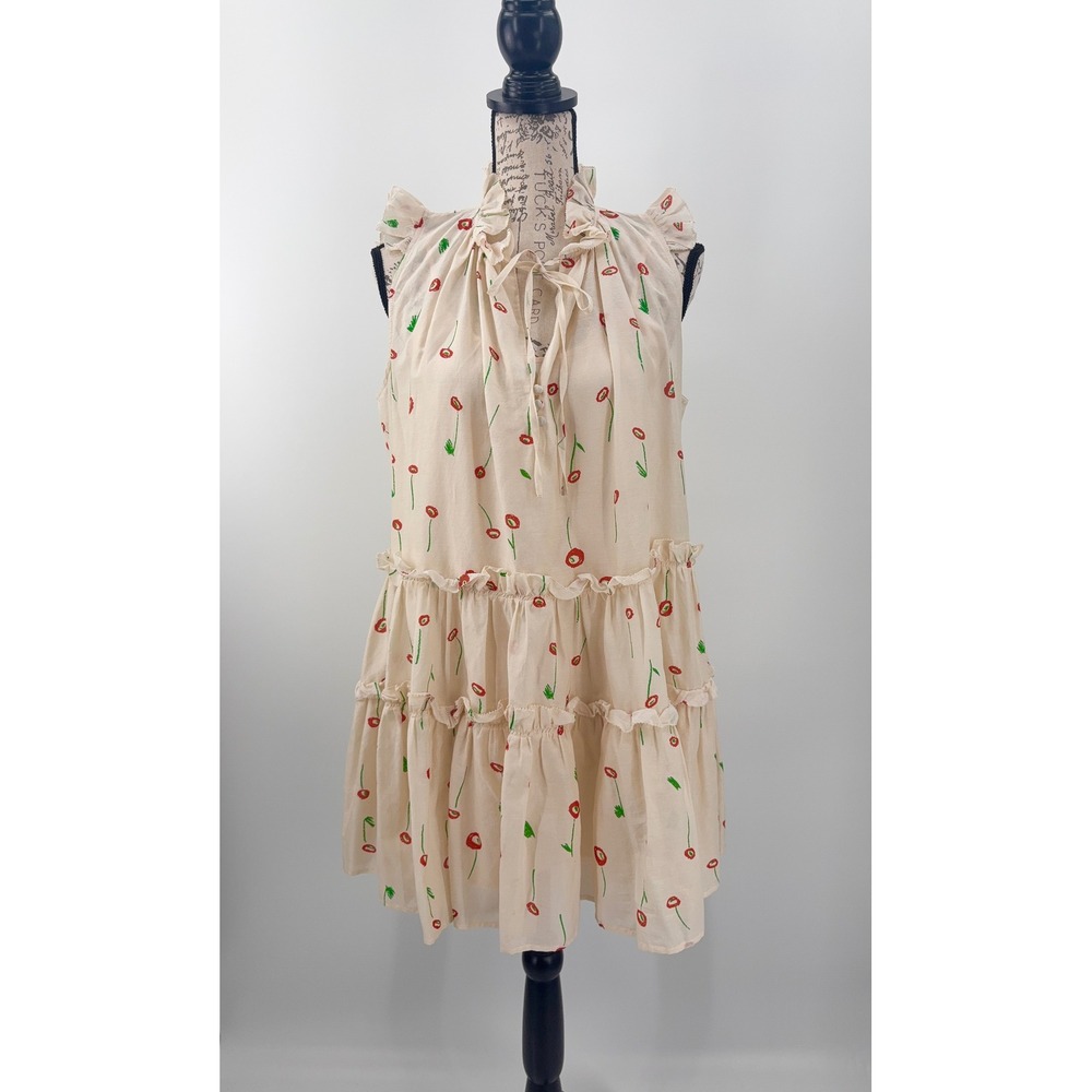 B44  Hunter Bell Floral Mini Swing Dress XS Tiered  Ruffle Boho Garden Party